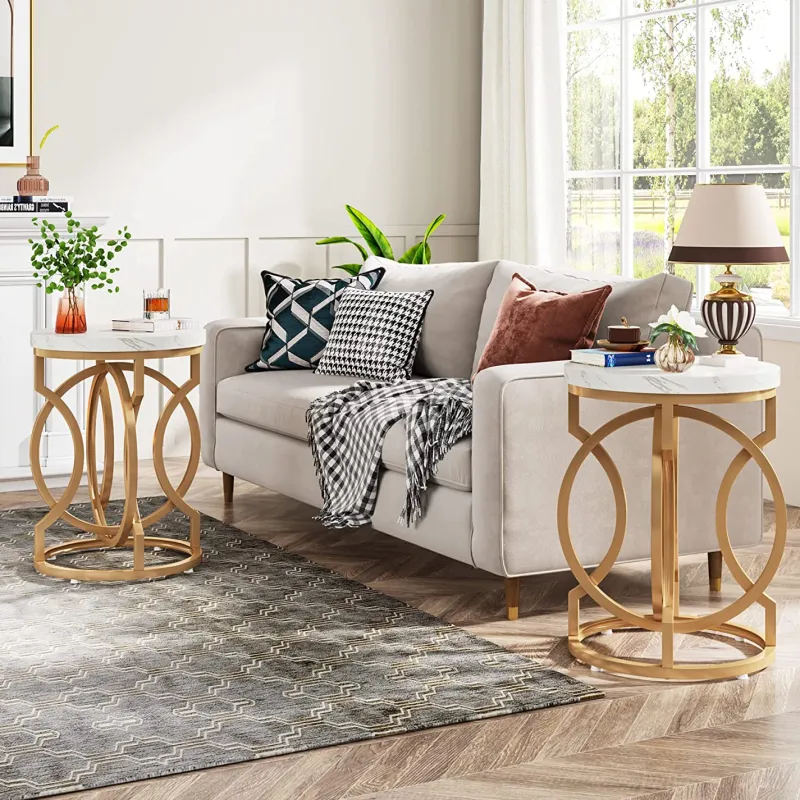 Tribesigns End & Side Tables*End Table, Round Side Table with Faux Marble Top, Modern Bedside Table