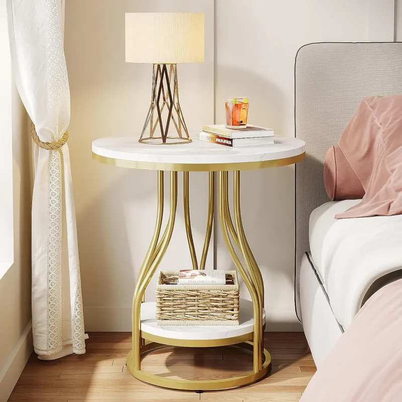Tribesigns End & Side Tables*End Table, Round 2-Tier Sofa Side Table with Metal Frame