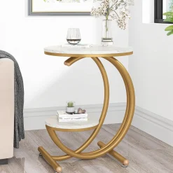 Tribesigns End & Side Tables*End Table, 2-Tier Faux Marble Side Table with C-Shaped Frame