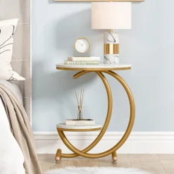 Tribesigns End & Side Tables*End Table, 2-Tier Faux Marble Side Table with C-Shaped Frame