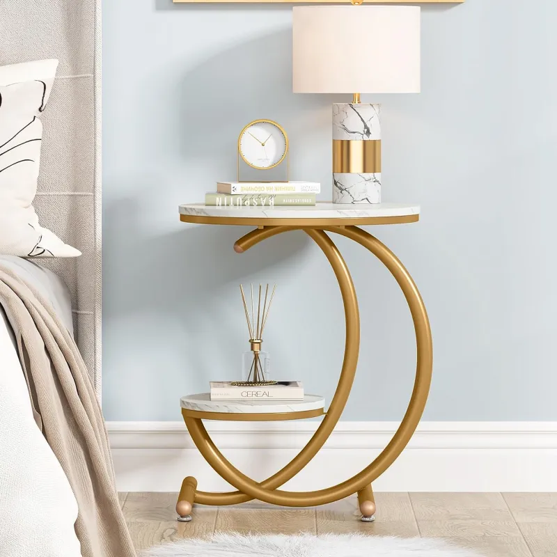 Tribesigns End & Side Tables*End Table, 2-Tier Faux Marble Side Table with C-Shaped Frame