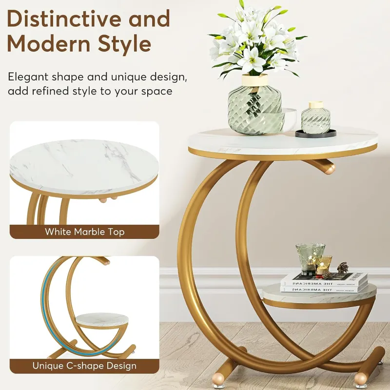 Tribesigns End & Side Tables*End Table, 2-Tier Faux Marble Side Table with C-Shaped Frame
