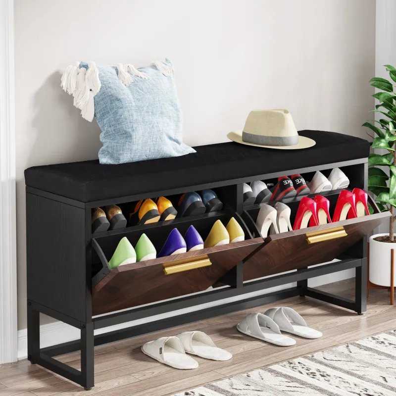Tribesigns Benches*Entryway Shoe Storage Bench, Hallway Shoe Organizer with 2 Flip Drawers