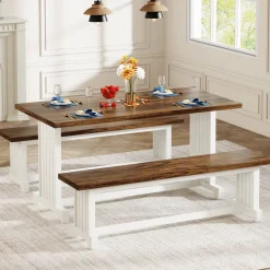 Tribesigns Dining Tables*Farmhouse Dining Table Set, 47" Kitchen Table with 2 Benches