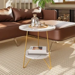 Tribesigns End & Side Tables*Faux Marble End Table, 2 - Tier Round Sofa Bedside Table with Shelves
