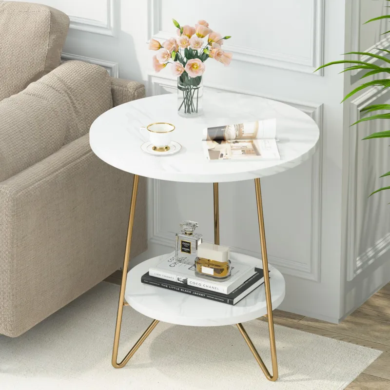 Tribesigns End & Side Tables*Faux Marble End Table, 2 - Tier Round Sofa Bedside Table with Shelves