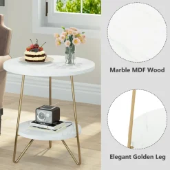 Tribesigns End & Side Tables*Faux Marble End Table, 2 - Tier Round Sofa Bedside Table with Shelves