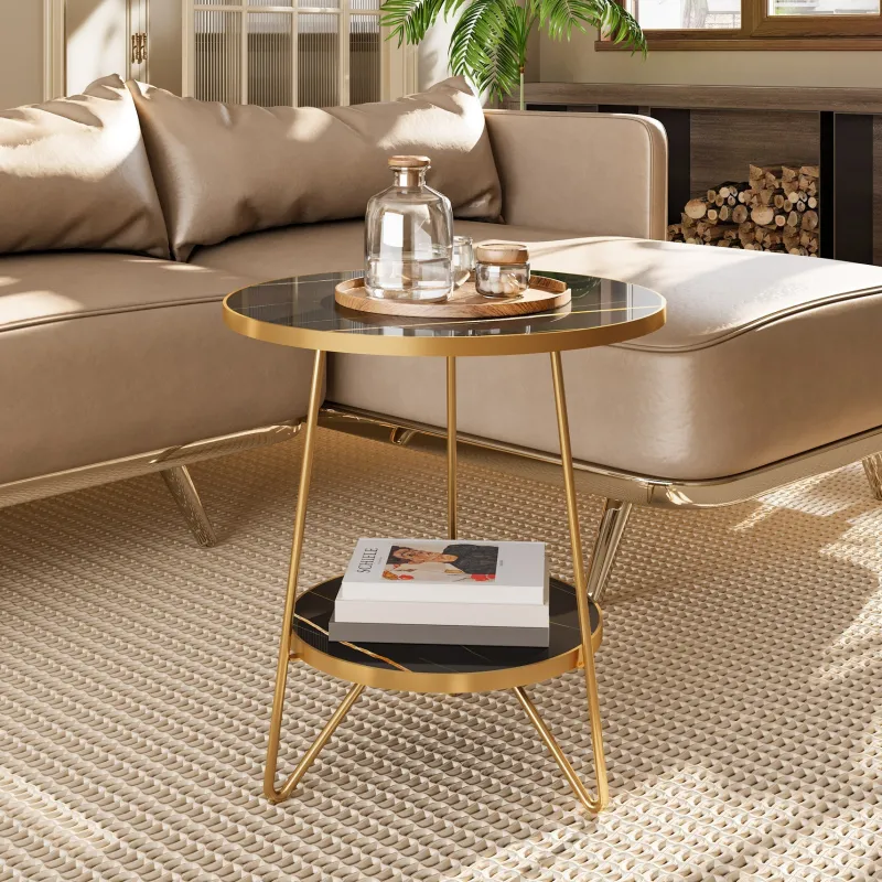 Tribesigns End & Side Tables*Faux Marble End Table, 2 - Tier Round Sofa Bedside Table with Shelves
