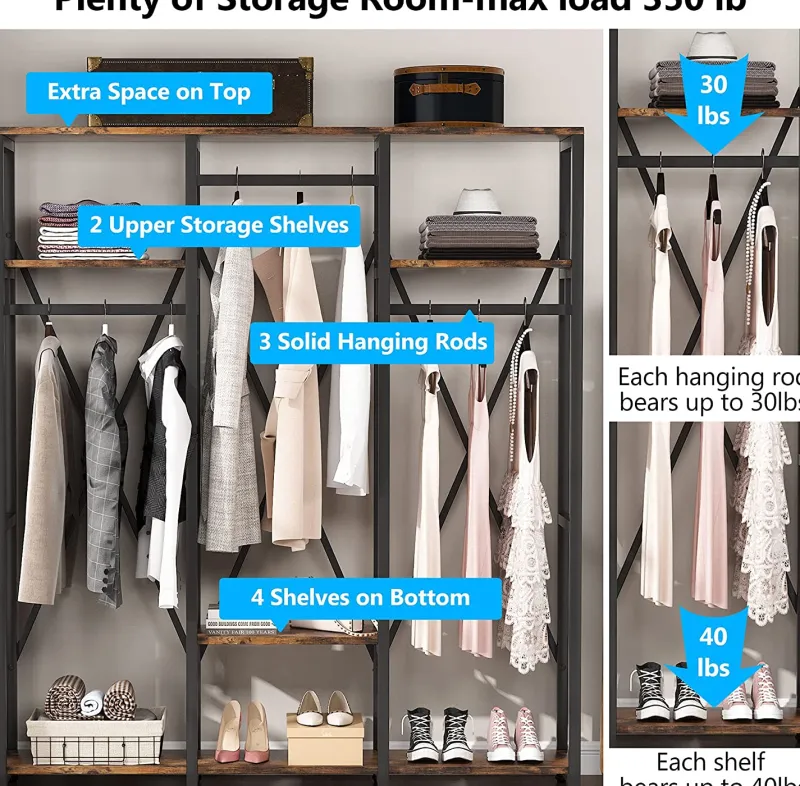 Tribesigns Closet Organizers|Clothes & Garment Racks*Freestanding Closet Organizer, Industrial 3 Rod Garment Rack