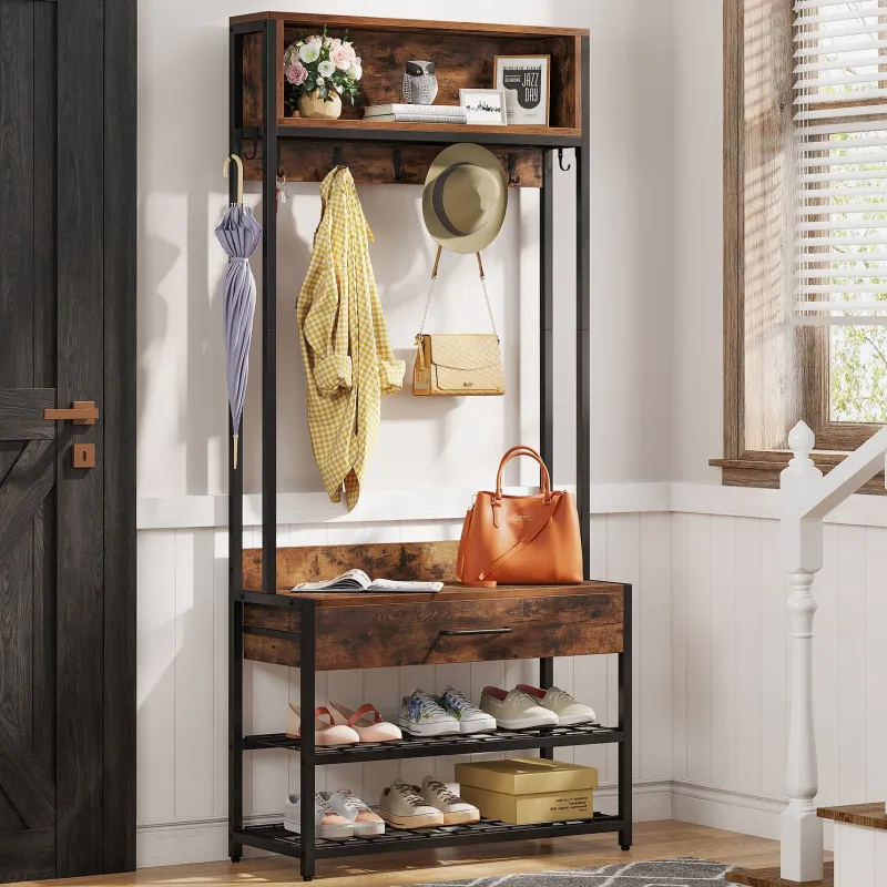 Tribesigns Coat Racks|Coat Racks*Full-frontal shot of 's Industrial Coat Rack Shoe Bench, Entryway Hall Tree with Drawer & Hooks.
