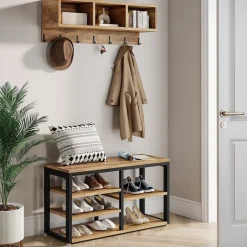 Tribesigns Shoe Racks & Cabinets|Shoe Racks & Cabinets*Hallway view of 's 5 IN 1 Coat Rack Shoe Bench Set, Hall Tree with Wall Mounted Shelf.