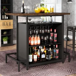 Tribesigns Bar Units*Home Bar Unit, Industrial 3-Tier Liquor Bar Table with Glasses Holder