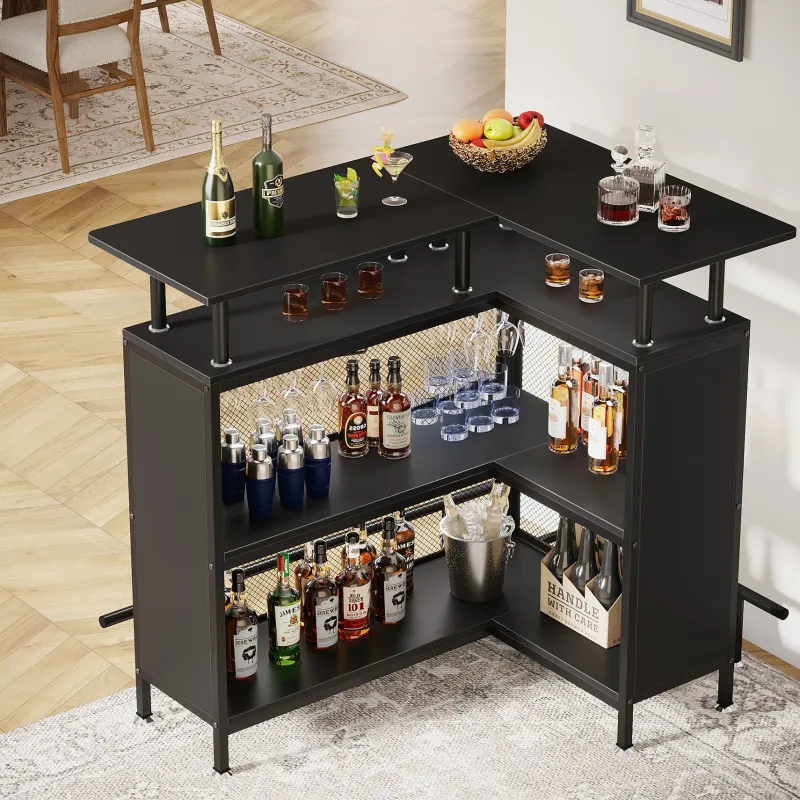 Tribesigns Bar Units*Home Bar Unit, L-Shaped Liquor Bar Table with Glasses Holders & Shelves