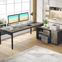 Tribesigns Desks*Industrial L - Shaped Desk, 71" Executive Desk with 47" Mobile File Cabinet