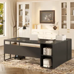 Tribesigns Desks*Large L - Shaped Desk, 71 inch Executive Desk with Shelves & Cabinet