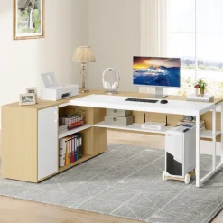 Tribesigns Desks*Large L - Shaped Desk, 71 inch Executive Desk with Shelves & Cabinet