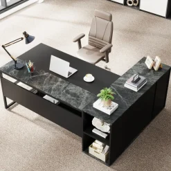 Tribesigns Desks*Large L - Shaped Desk, 71 inch Executive Desk with Shelves & Cabinet