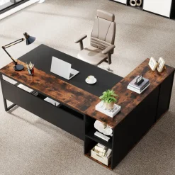 Tribesigns Desks*Large L - Shaped Desk, 71 inch Executive Desk with Shelves & Cabinet