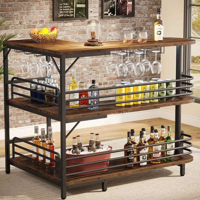 Tribesigns Bar Units*L-Shaped Bar Unit, 3 Tier Liquor Bar Table with Wine Glasses Holder
