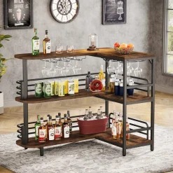 Tribesigns Bar Units*L-Shaped Bar Unit, 3 Tier Liquor Bar Table with Wine Glasses Holder