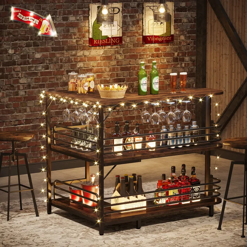 Tribesigns Bar Units*L-Shaped Bar Unit, 3 Tier Liquor Bar Table with Wine Glasses Holder