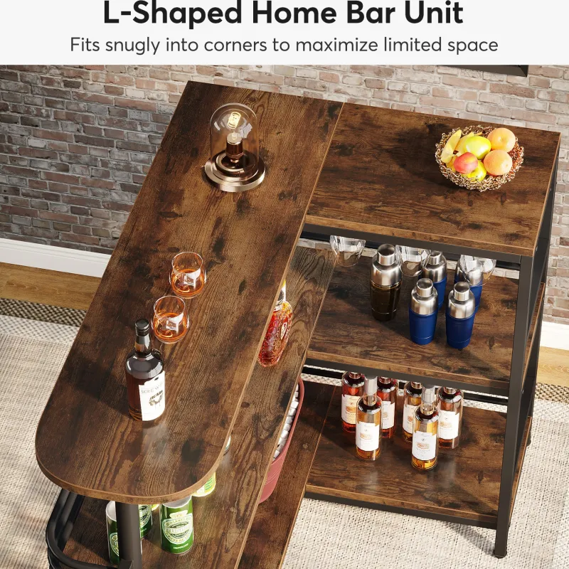 Tribesigns Bar Units*L-Shaped Bar Unit, 3 Tier Liquor Bar Table with Wine Glasses Holder