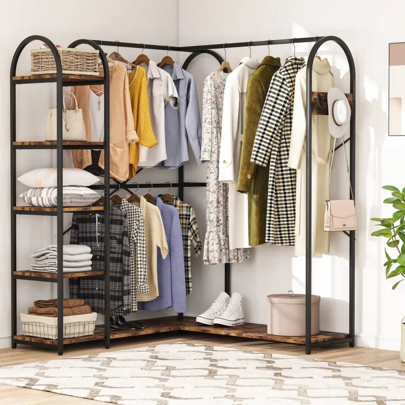 Tribesigns Closet Organizers|Clothes & Garment Racks*L-Shaped Clothes Rack, Corner Garment Rack with Storage Shelves