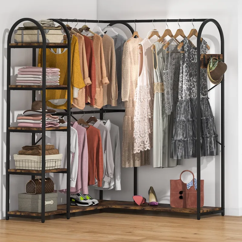 Tribesigns Closet Organizers|Clothes & Garment Racks*L-Shaped Clothes Rack, Corner Garment Rack with Storage Shelves