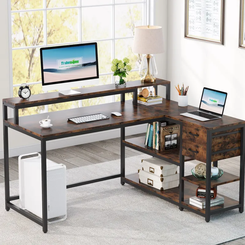 Tribesigns Desks*L-Shaped Desk, Industrial Corner Desk with Drawer & Storage Shelves