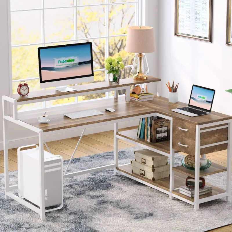 Tribesigns Desks*L-Shaped Desk, Industrial Corner Desk with Drawer & Storage Shelves