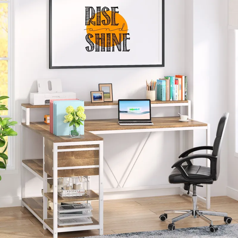 Tribesigns Desks*L-Shaped Desk, Industrial Corner Desk with Drawer & Storage Shelves