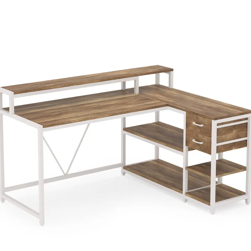 Tribesigns Desks*L-Shaped Desk, Industrial Corner Desk with Drawer & Storage Shelves