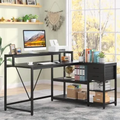 Tribesigns Desks*L-Shaped Desk, Industrial Corner Desk with Drawer & Storage Shelves