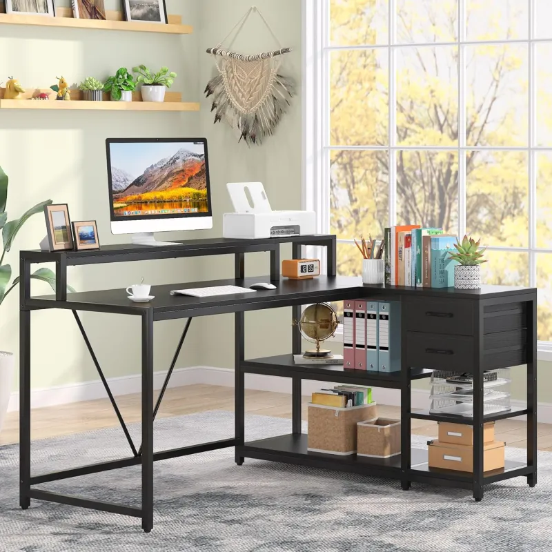 Tribesigns Desks*L-Shaped Desk, Industrial Corner Desk with Drawer & Storage Shelves