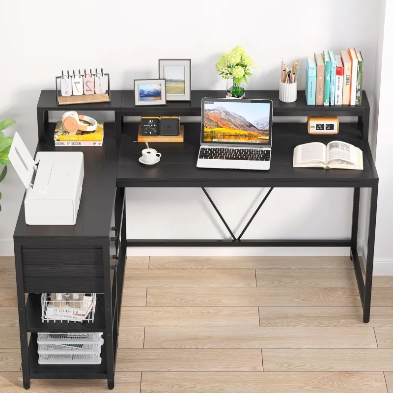 Tribesigns Desks*L-Shaped Desk, Industrial Corner Desk with Drawer & Storage Shelves