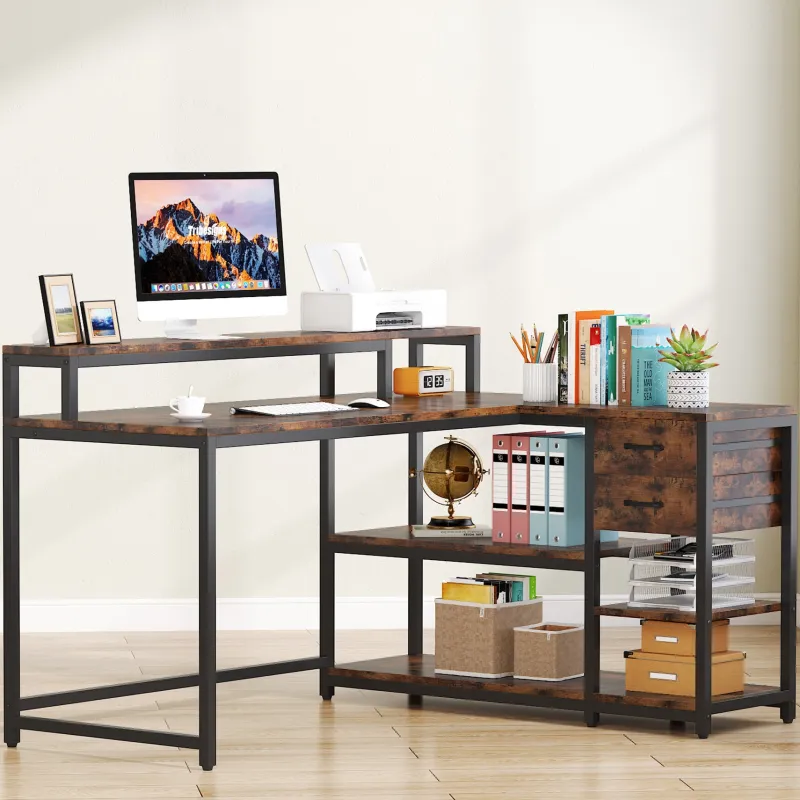 Tribesigns Desks*L-Shaped Desk, Industrial Corner Desk with Drawer & Storage Shelves