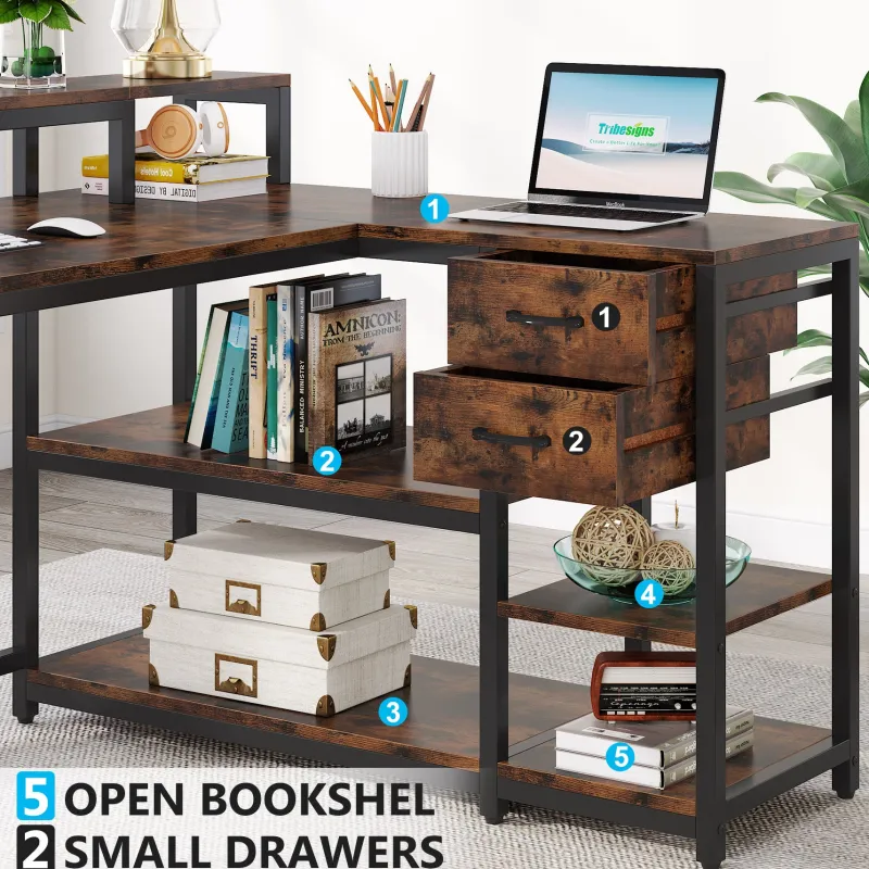 Tribesigns Desks*L-Shaped Desk, Industrial Corner Desk with Drawer & Storage Shelves
