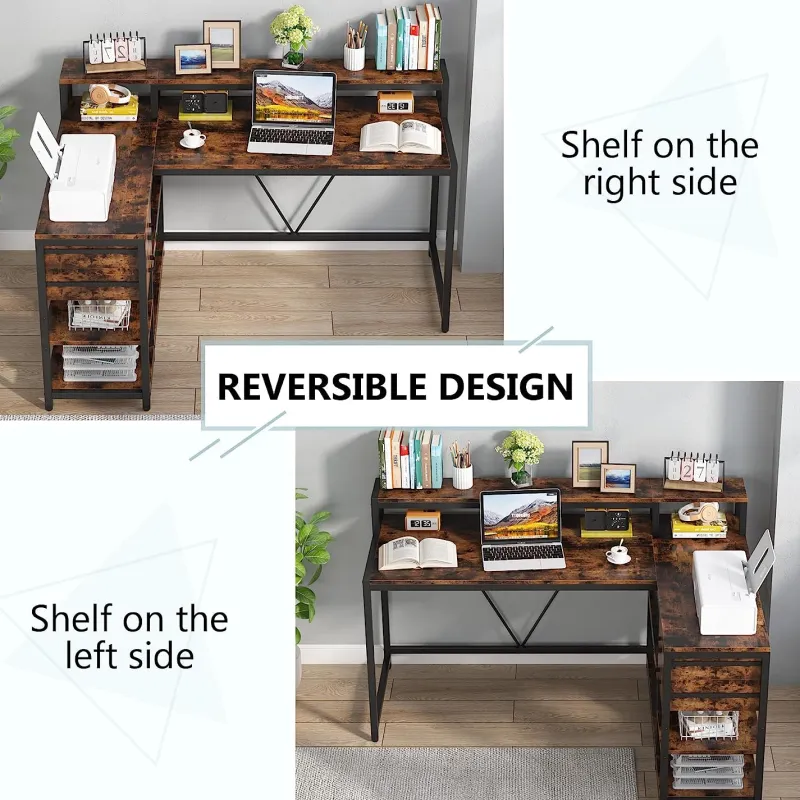 Tribesigns Desks*L-Shaped Desk, Industrial Corner Desk with Drawer & Storage Shelves