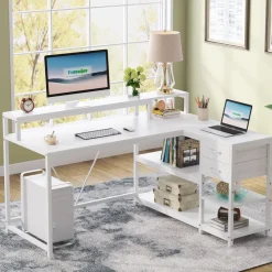 Tribesigns Desks*L-Shaped Desk, Industrial Corner Desk with Drawer & Storage Shelves