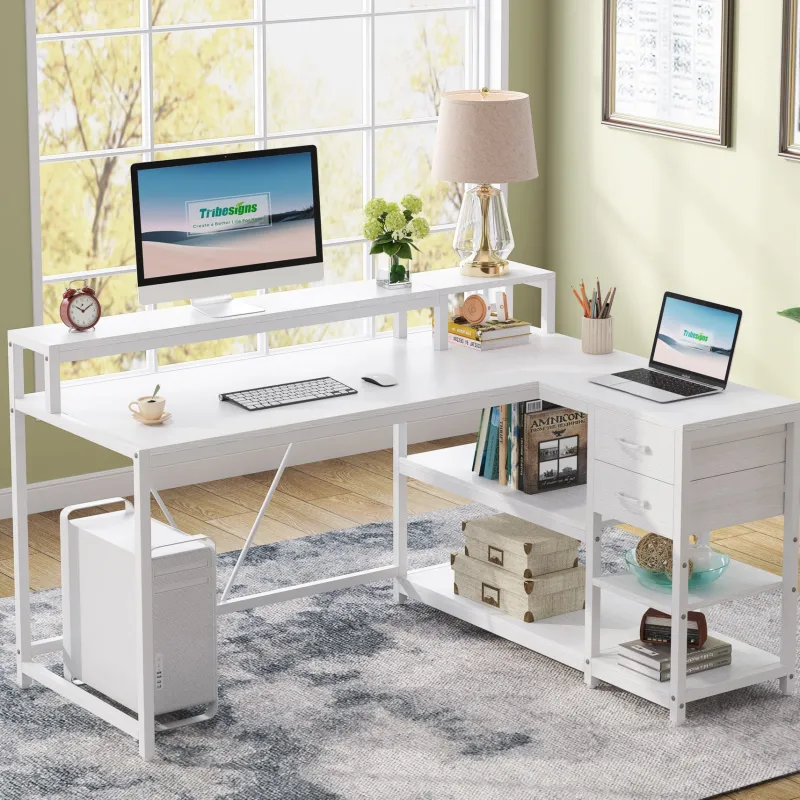 Tribesigns Desks*L-Shaped Desk, Industrial Corner Desk with Drawer & Storage Shelves