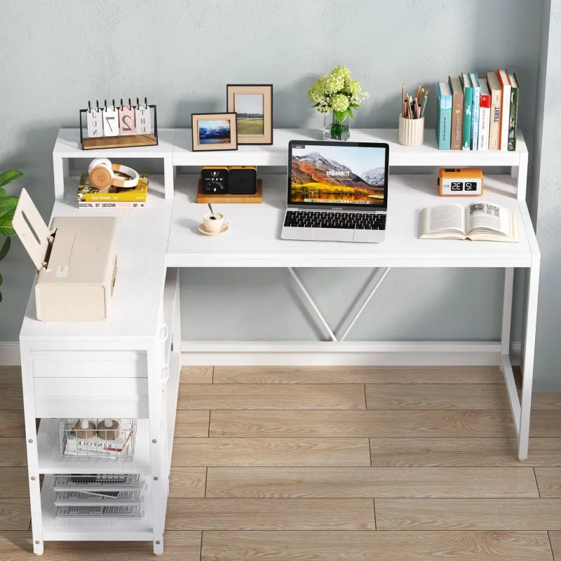 Tribesigns Desks*L-Shaped Desk, Industrial Corner Desk with Drawer & Storage Shelves
