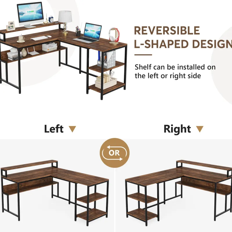 Tribesigns Desks*L-Shaped Desk, Reversible Corner Desk with Shelves & Monitor Stand