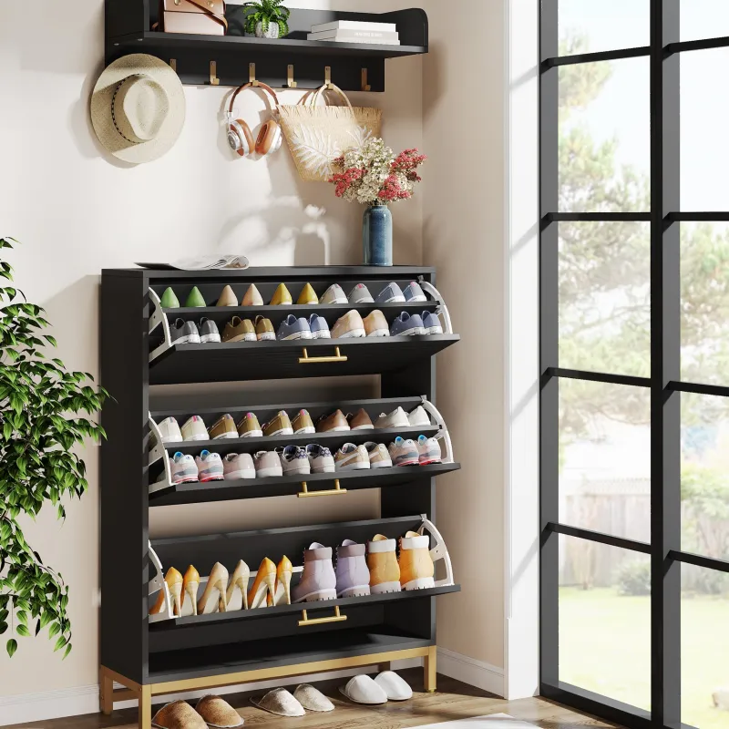 Tribesigns Shoe Racks & Cabinets|Shoe Racks & Cabinets*Modern Shoe Cabinet with Wall Mounted Coat Rack & Flip Drawer