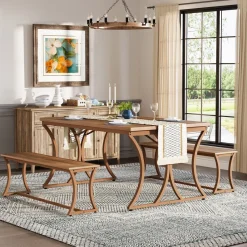 Tribesigns Dining Tables*4-Piece 51-Inch Dining Table Set with 2 Benches & Table Runner