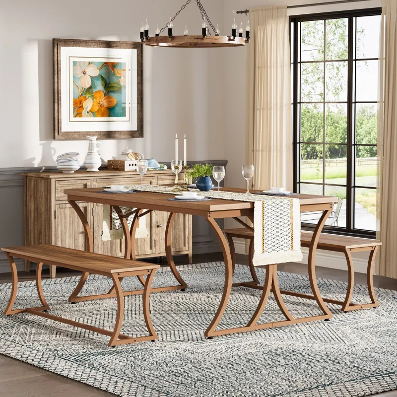 Tribesigns Dining Tables*4-Piece 51-Inch Dining Table Set with 2 Benches & Table Runner