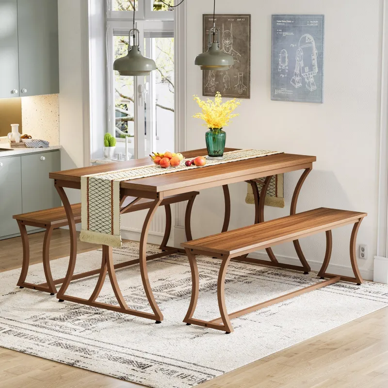 Tribesigns Dining Tables*4-Piece 51-Inch Dining Table Set with 2 Benches & Table Runner