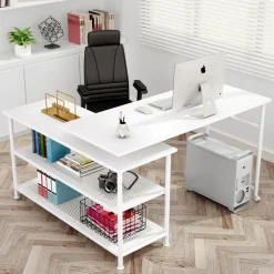 Tribesigns Desks*Rotating Desk, Modern L-Shaped Desk with Storage Shelves
