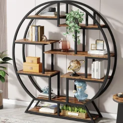 Tribesigns Bookcases & Bookshelves|Bookcases & Bookshelves*Round Bookshelf, 63 Inch Etagere Bookcase with Staggered Shelves