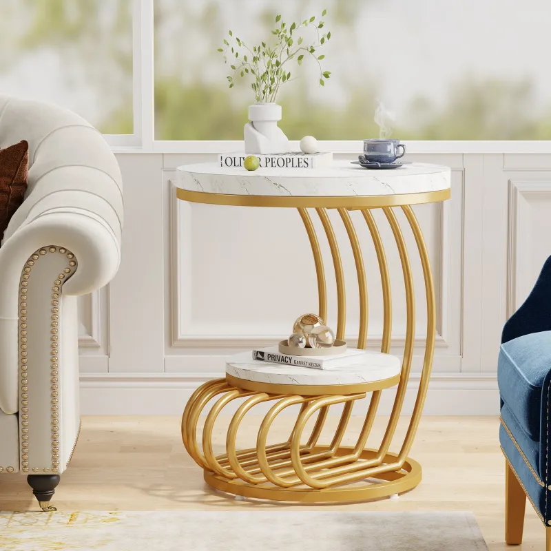 Tribesigns End & Side Tables*Round End Table, 2 Tiers Faux Marble Side Table with Storage Shelf