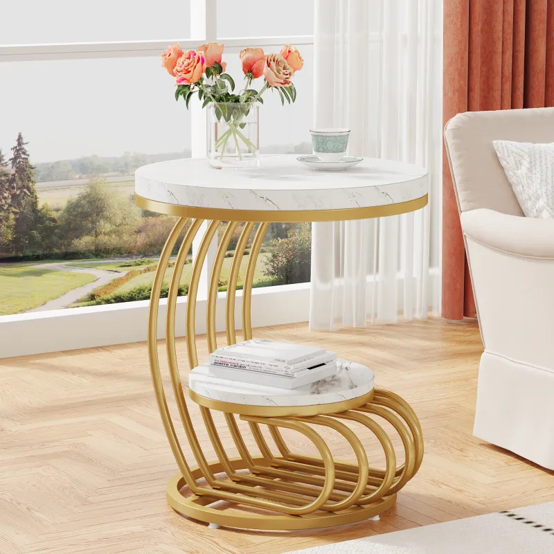 Tribesigns End & Side Tables*Round End Table, 2 Tiers Faux Marble Side Table with Storage Shelf
